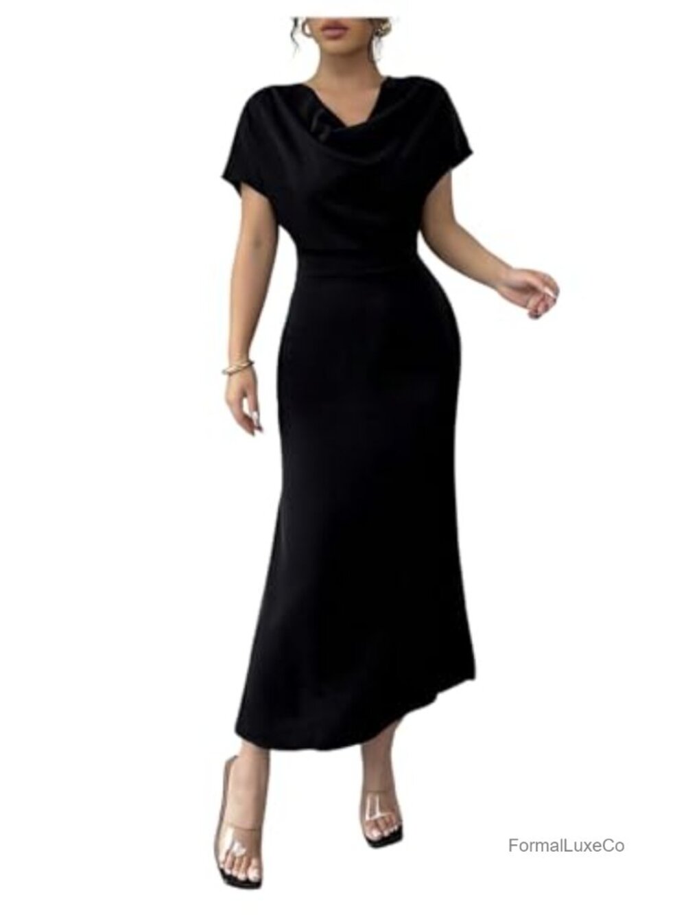 Womens Cowl Neck Short Sleeve Fishtail Maxi Dress Lace Up Back Flowy